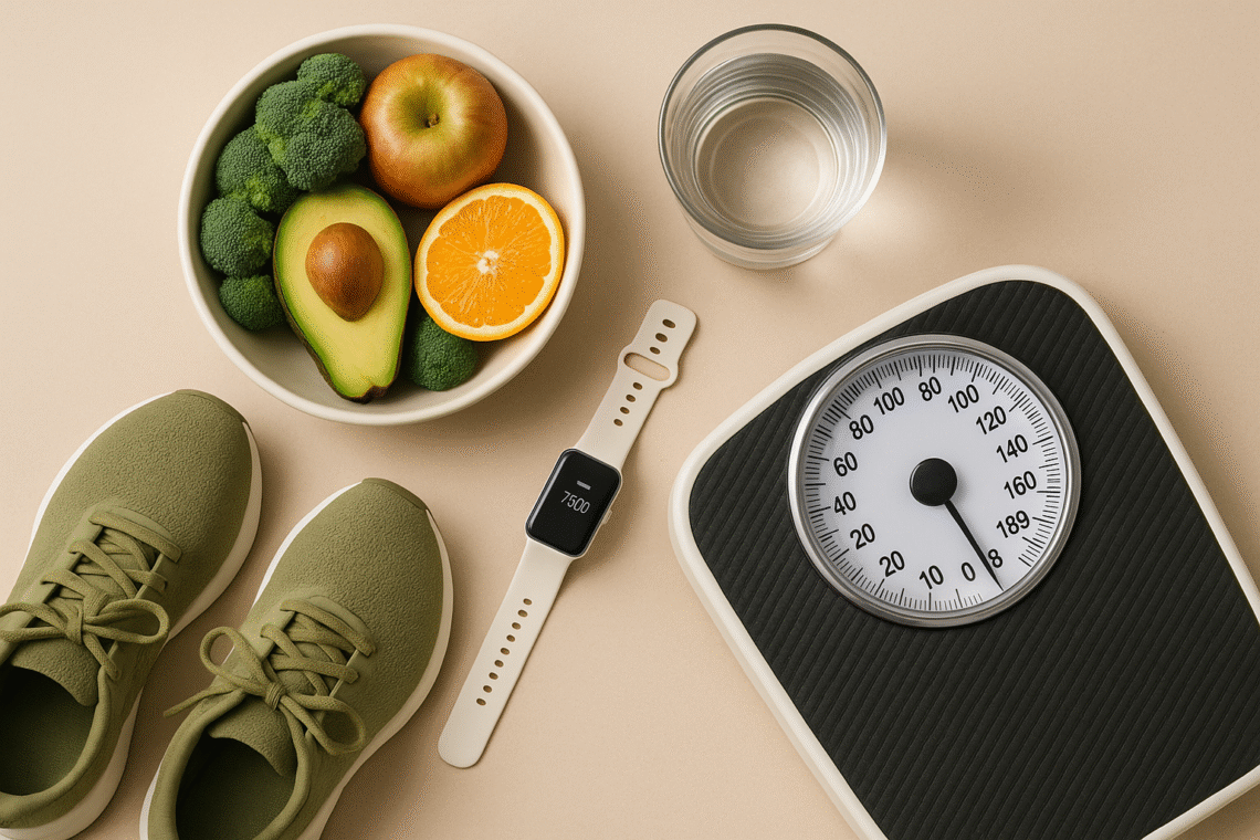healthy daily routine concept with fresh food, walking shoes, and wellness balance