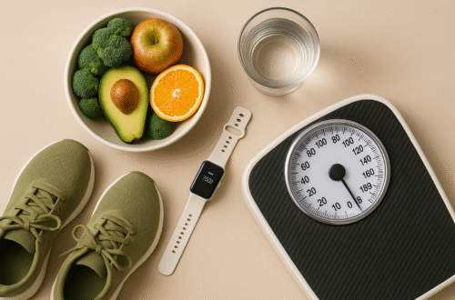 healthy daily routine concept with fresh food, walking shoes, and wellness balance