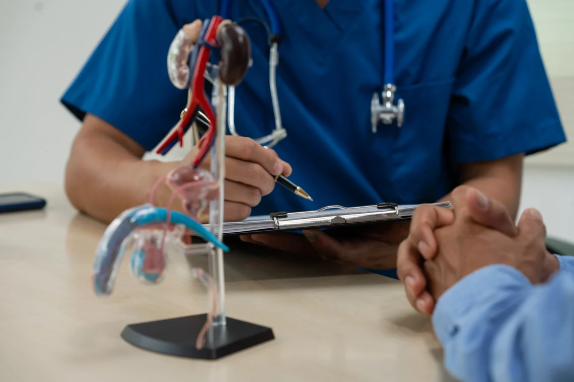 man discussing BPH treatment options with a doctor , symbolizing trust and positive prostate health care.