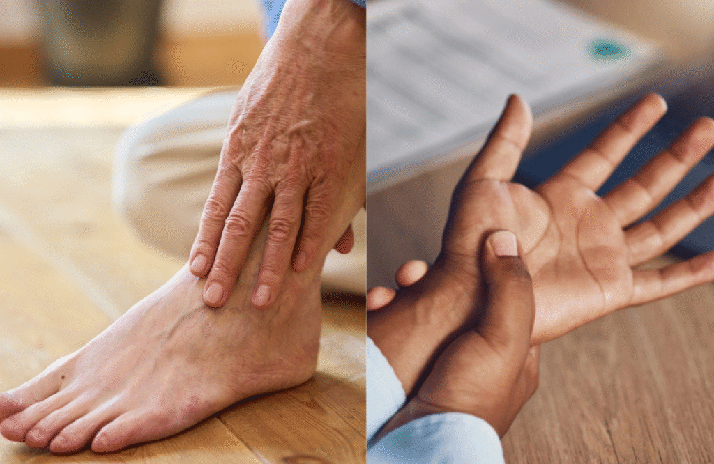 Person holding foot in pain, illustrating symptoms that lead people to search for nerve pain treatment